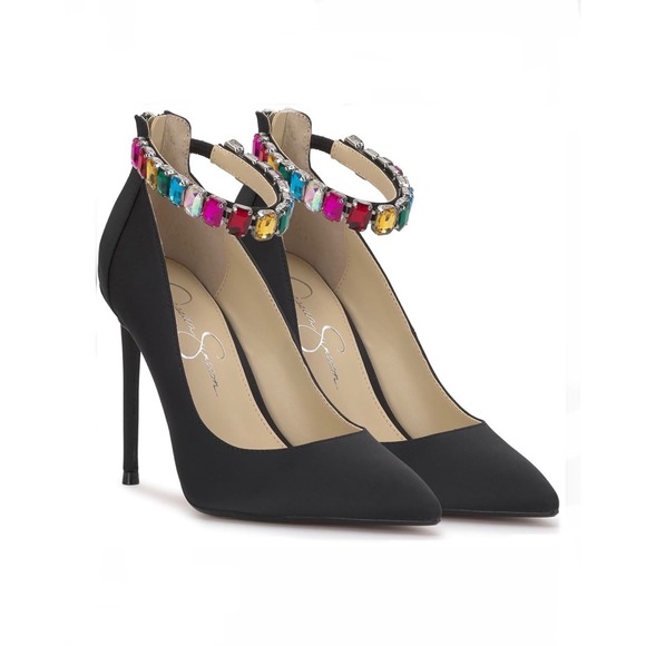 Jessica Simpson Shoes - JESSICA SIMPSON Samiyah Jewel Ankle Strap Point Toe Pumps Black Matte Satin 6.5